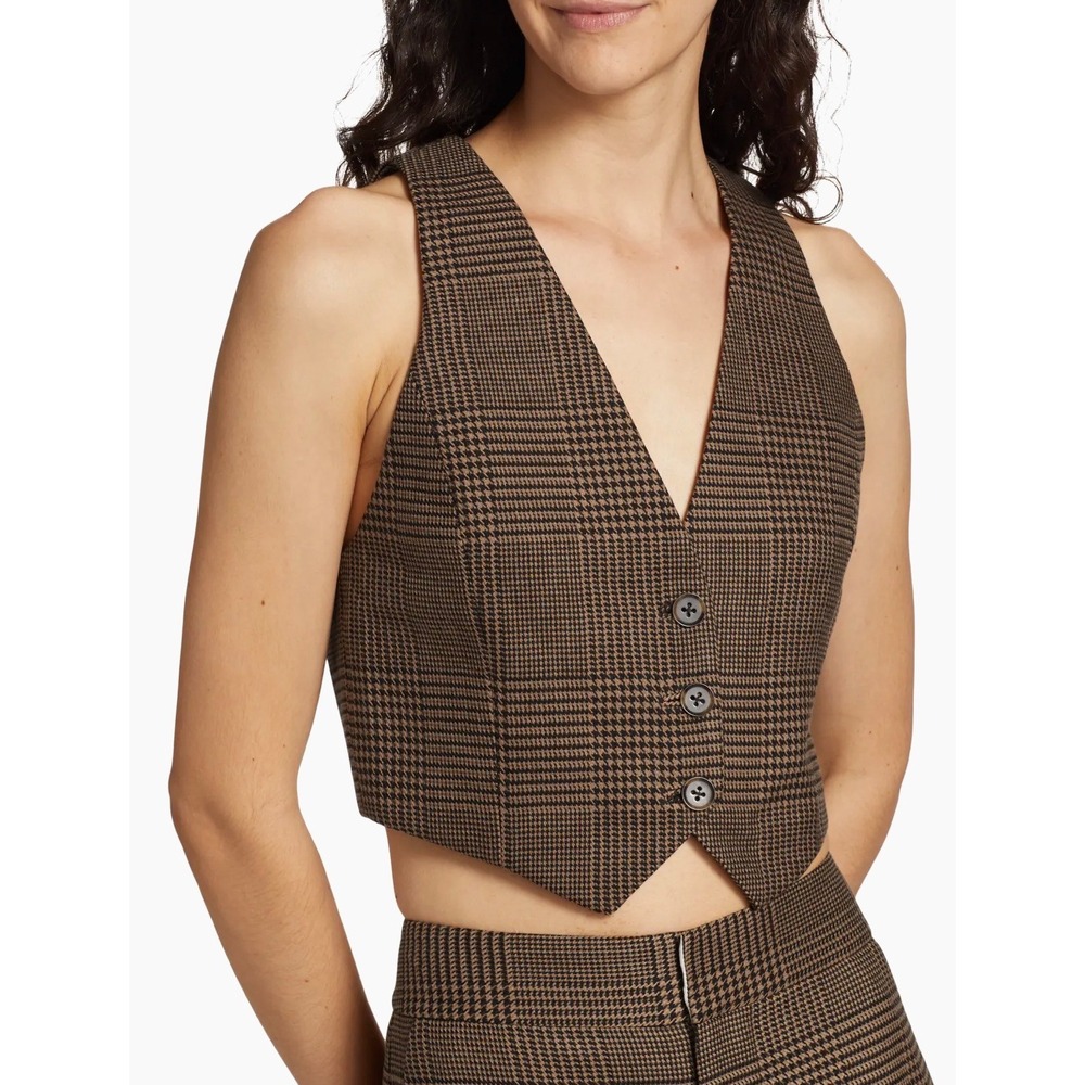 Alice + Olivia Classics Donna Plaid Vest Size 6 Camel Black Glen Check Cropped